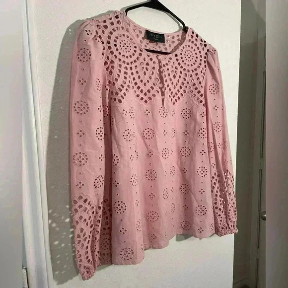 WYSE London Pink Open Embroidery Long Sleeve Blouse Shirt Top Sz 2 - Picture 2 of 8